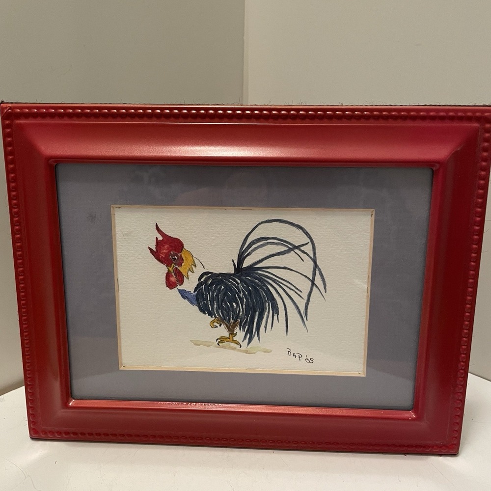 Framed Rooster Watercolor Painting Original Signed Folk Art Cottage Core 8" X 6"